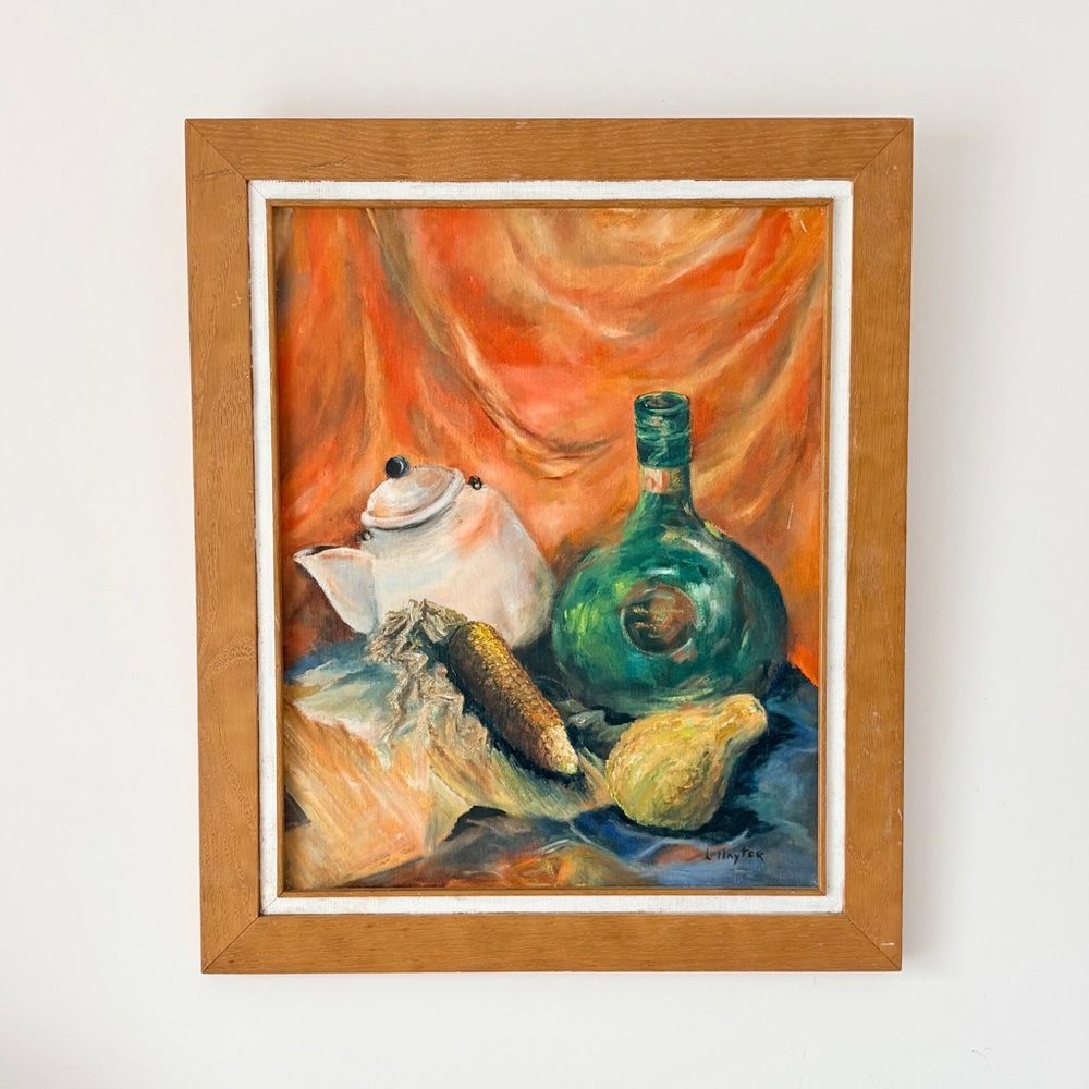Original 1971 Oil Painting by Canadian L. Hayter Still Life Large Pear Corn